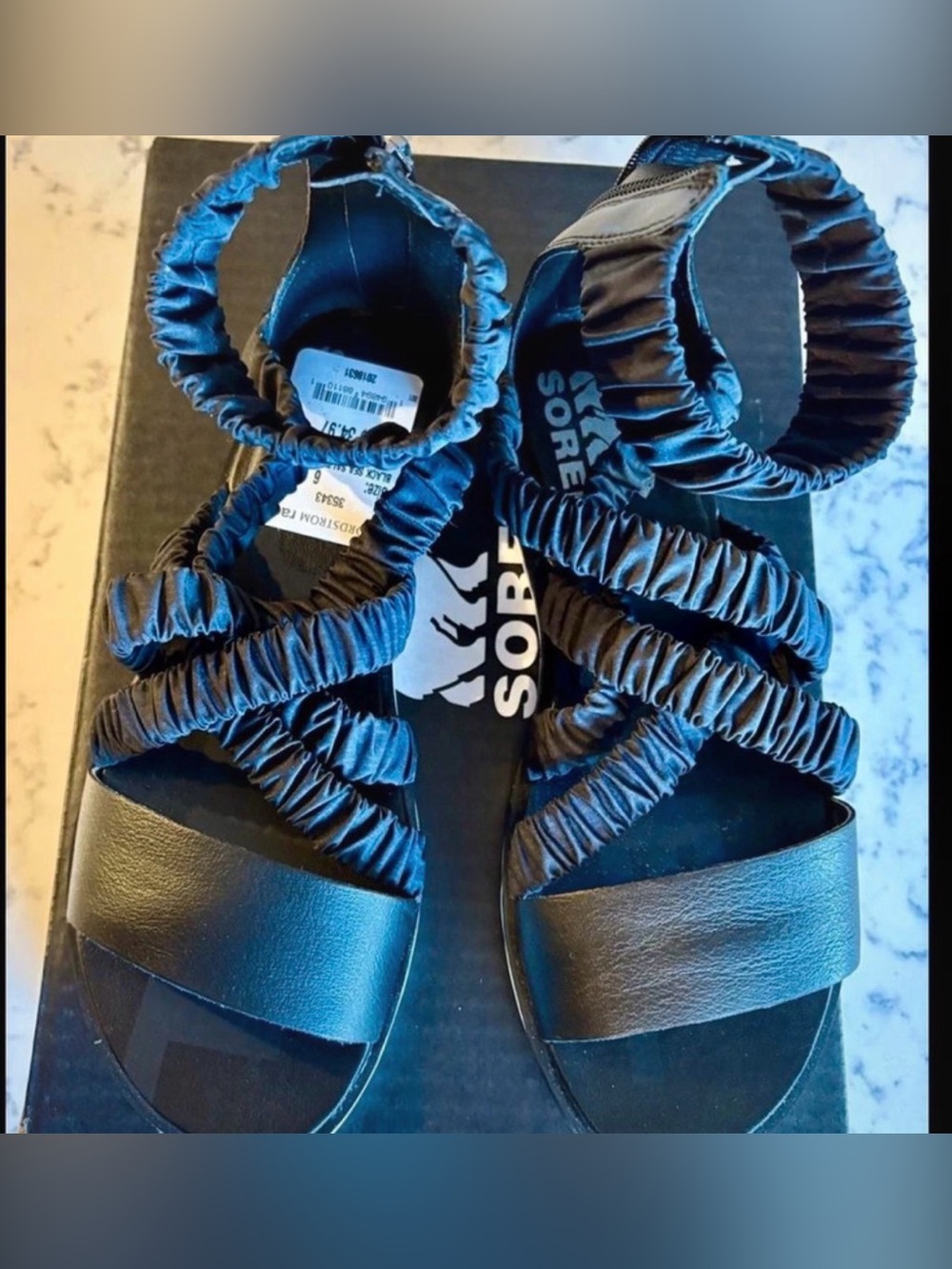 Sorel Ella II Black Ruching Strap Sandals